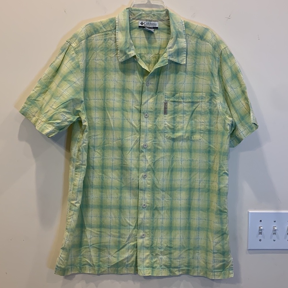 Columbia casual button down yellow blue green plaid shirt men’s large